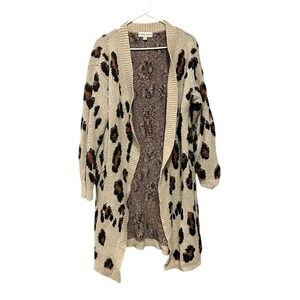 Knox Rose Leopard Print‎ Open Front Long Cardigan Sweater Women's Size L fuzzy